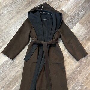 Cashmere Wool Blend Belted Hooded Coat, Deep Brown / Dark Gray, SMALL/MEDIUM